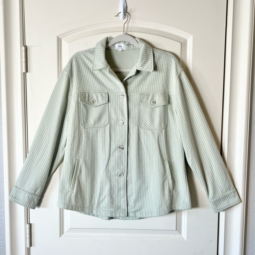 HAVE Los Angeles Sage Green Cream Checked Plaid Lightweight Shacket Jacket Large